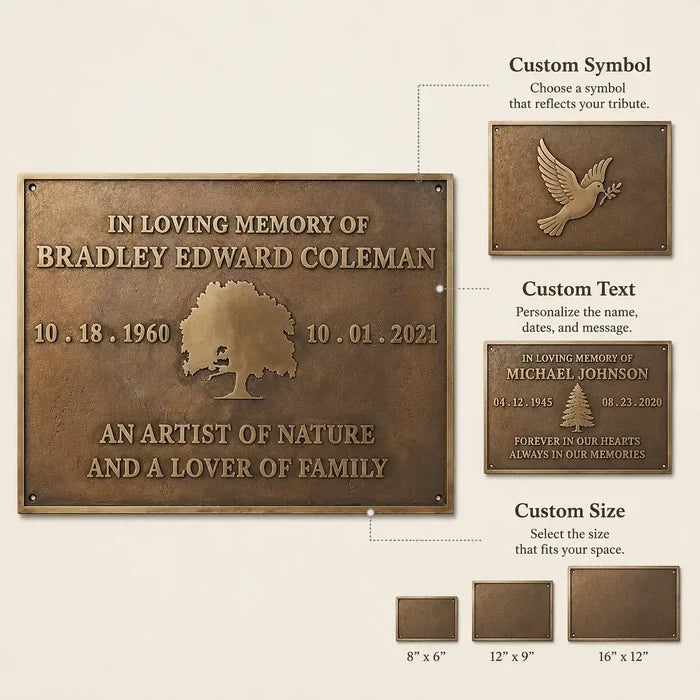 Custom Bronze Memorial Plaque infographic displaying engraved memorial details, durable construction, and wall-mounting information.