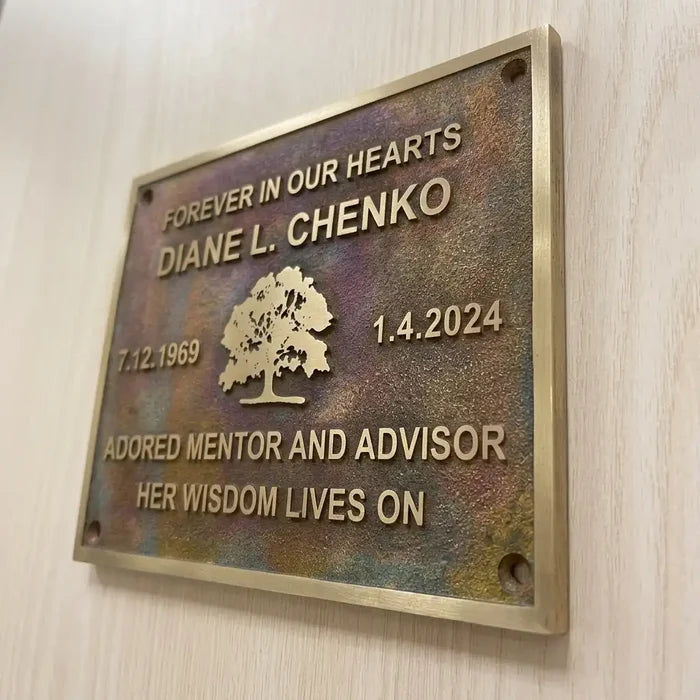 Personalized bronze memorial plaque with engraved name and dates