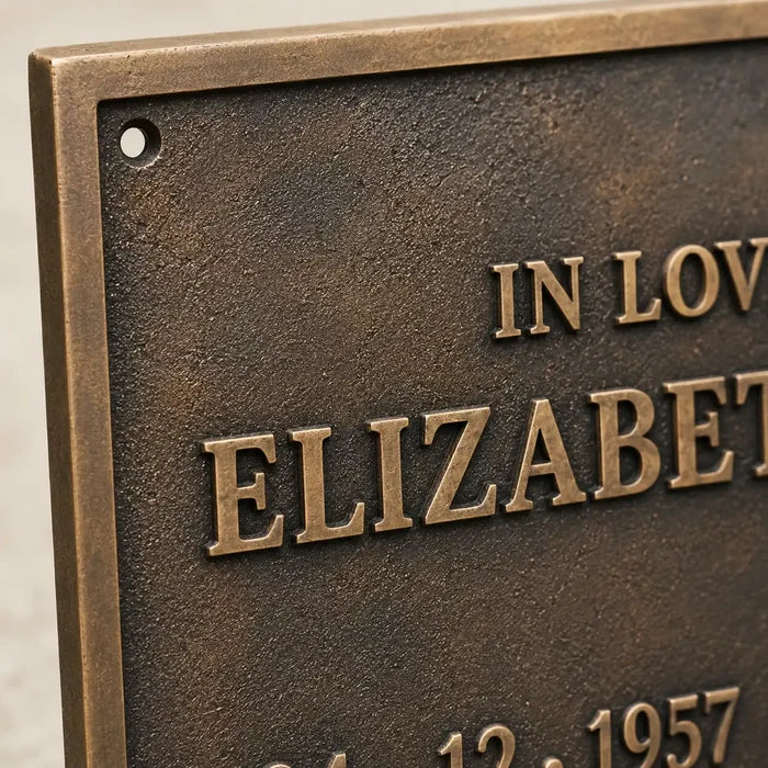 Bronze grave memorial plaque with custom engraved details