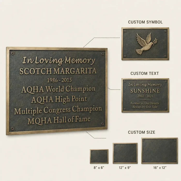 Custom Bronze Memorial Plaque infographic presenting engraved design options, plaque measurements and mounting choices.