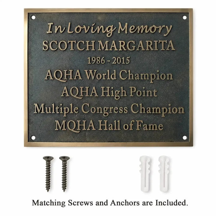 Personalized grave tribute plaque presented with installation hardware, including screws and wall anchors.