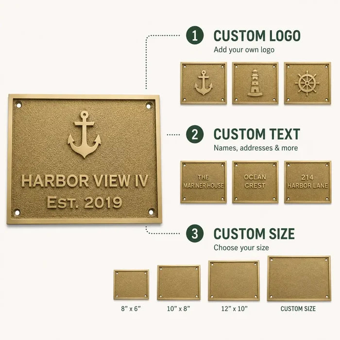 Custom Engraved Brass Plaque infographic showing personalized text, size options, finish details and mounting features.