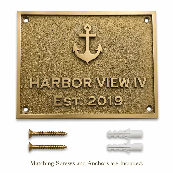 Personalized Custom Engraved Brass Plaque shown with included screws and wall anchors on a clean background.