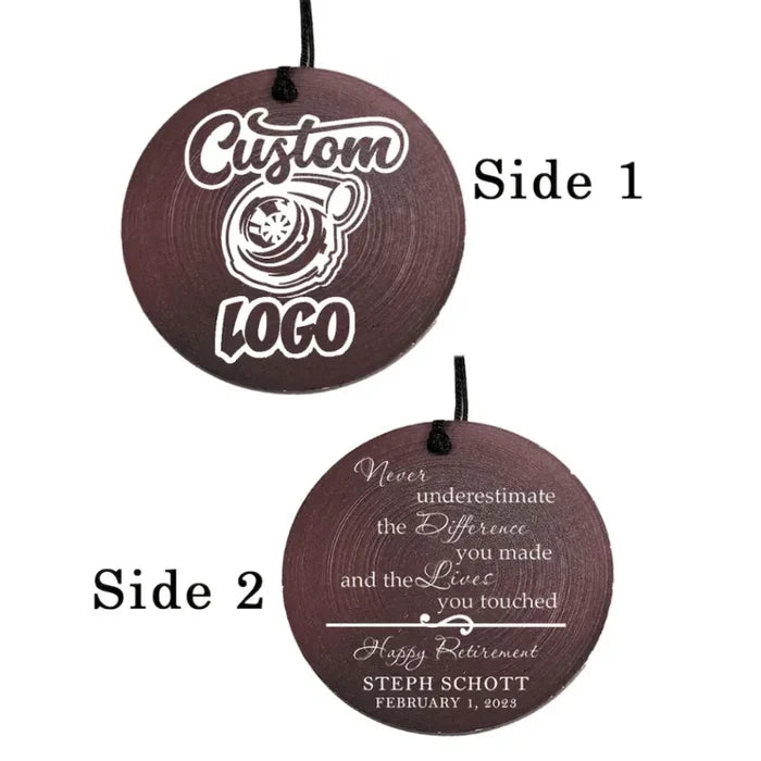Custom-engraved wooden ornament for a retirement wind chime.