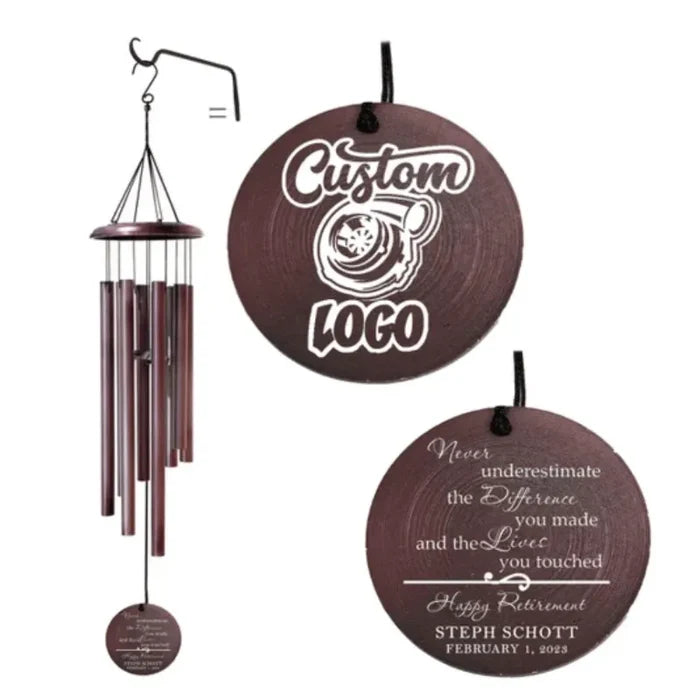 A retirement wind chime with a brown label that reads 'Custom Logo' and another label that appears to be a personalized message, possibly for a retirement celebration.