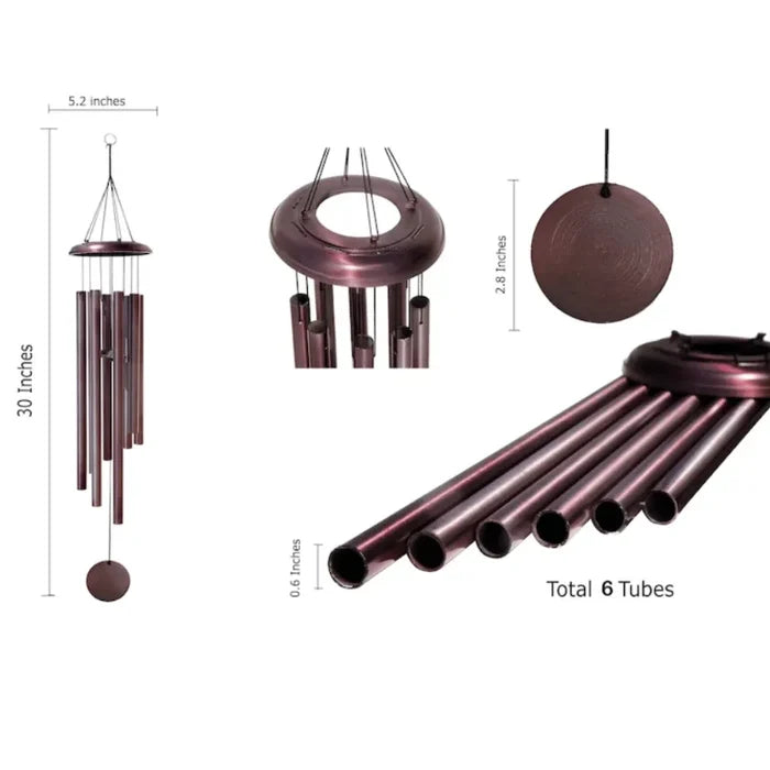 A deep-tone wind chime with six tubes, measuring 30 inches in length