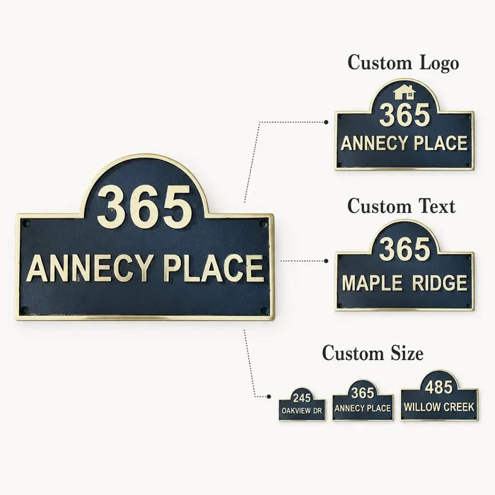 Custom House Number Signs infographic showing personalized numbers, text, sizes, finishes and mounting options.