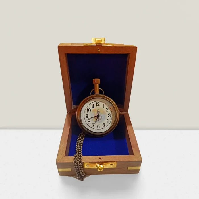 Engraved brass pocket watch with chain and wooden box