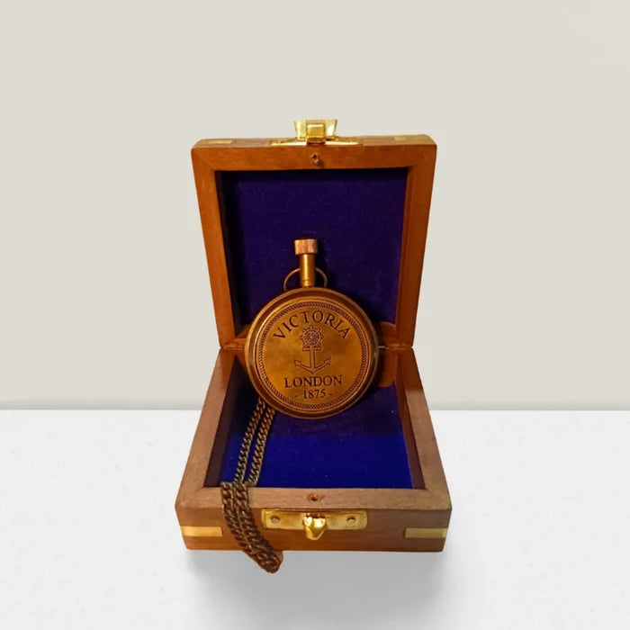 Personalized pocket watch with custom engraving on backside with wooden box