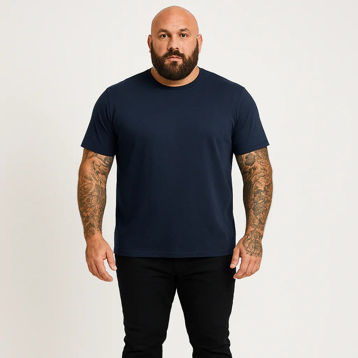 Darkline Fitted T-Shirt 3-Pack Big and tall man wearing navy fitted crew neck t-shirt