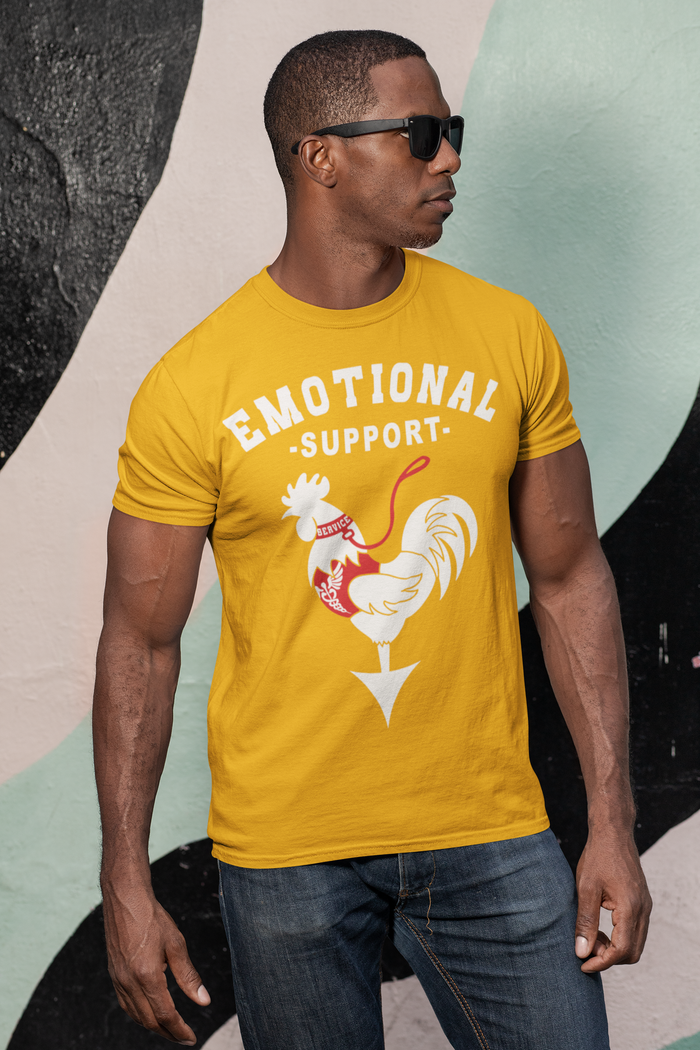 A man wearing sunglasses and a yellow t-shirt with the text 'EMOTIONAL SUPPORT' and an illustration of a rooster.