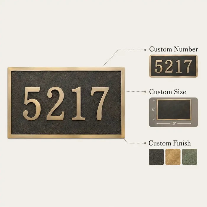 Custom Engraved Brass Plaque infographic showing personalized text, size options, finish details and mounting features.