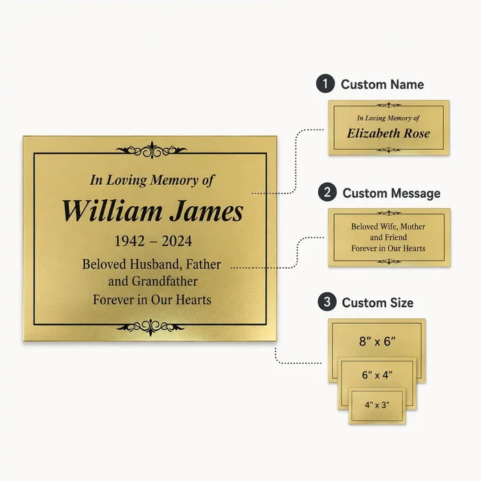 Premium gold brass plaque for office and home product infographic showing key features, personalization, and installation details.