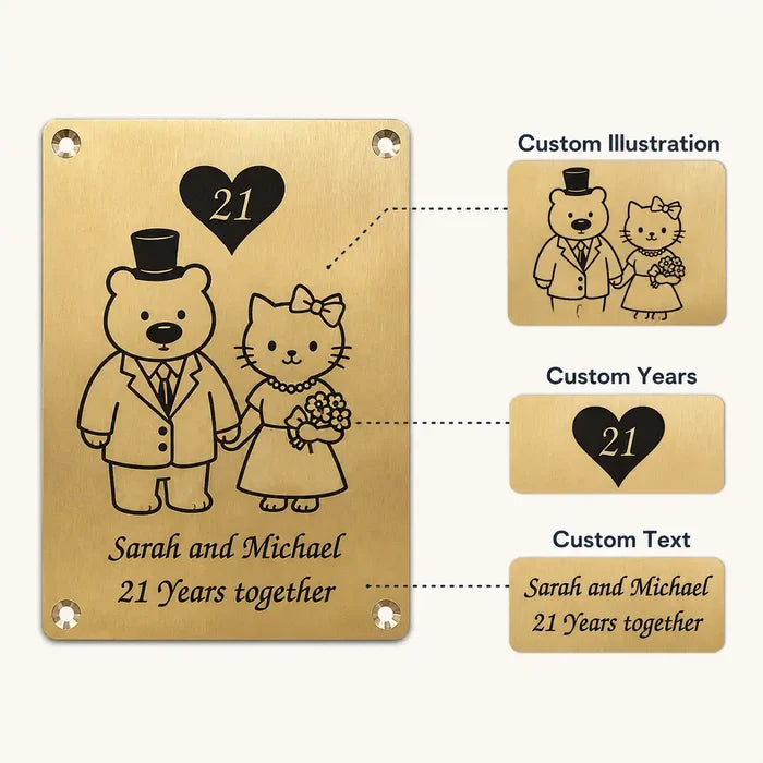 Infographic of a premium gold brass plaque for office and home displaying product features, customization and mounting choices.