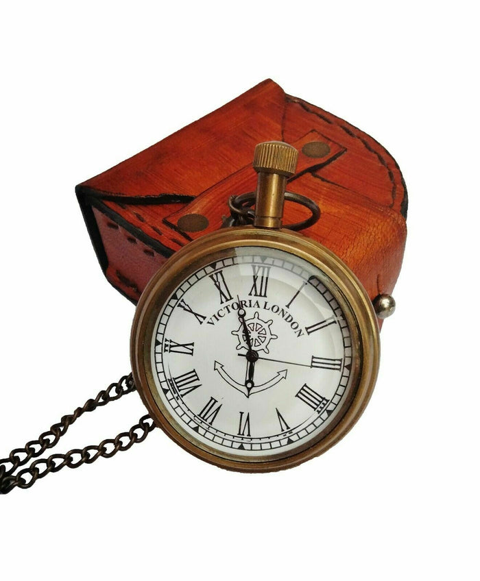 Engraved brass pocket watch with chain and leather case