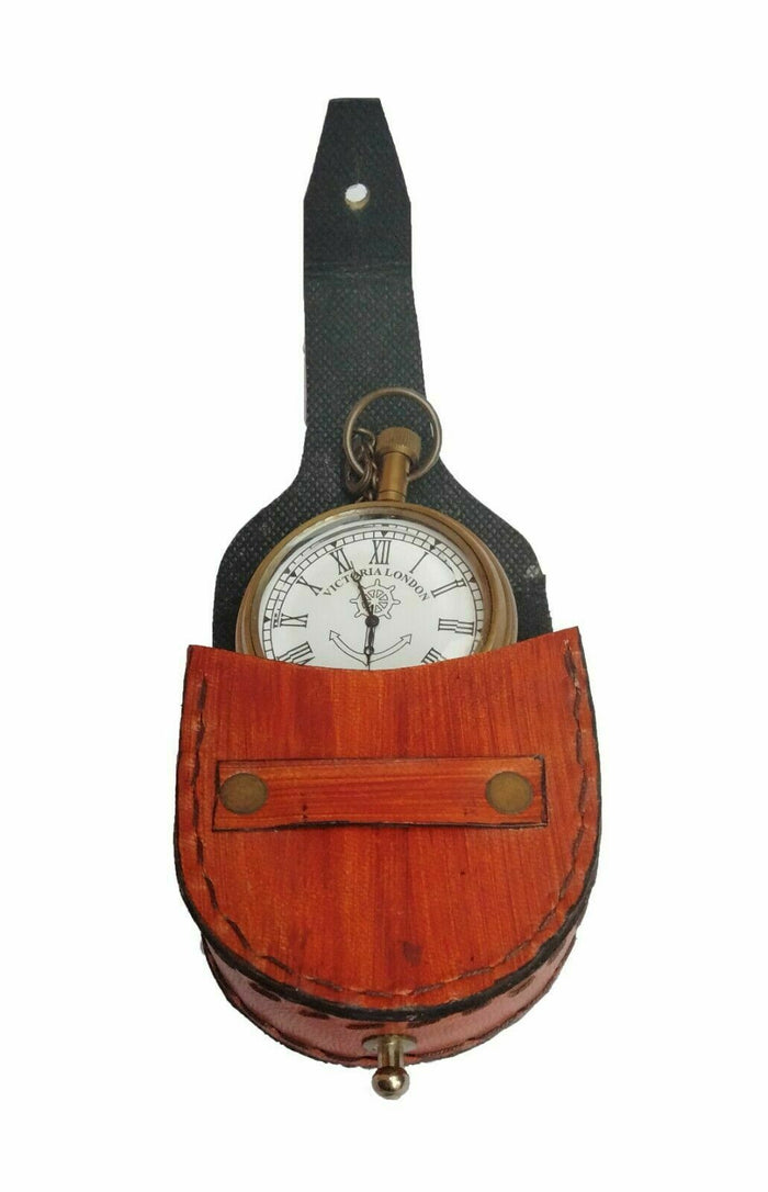 Antique Brass Pocket Watch With Chain and leather case