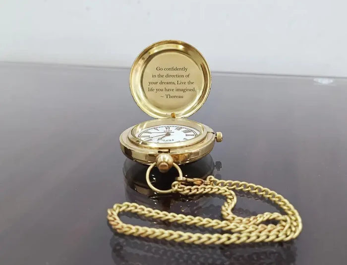 Antique brass pocket watch with engraving for him