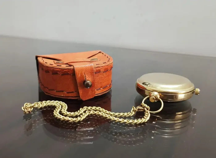 Custom brass pocket watch with chain and pouch