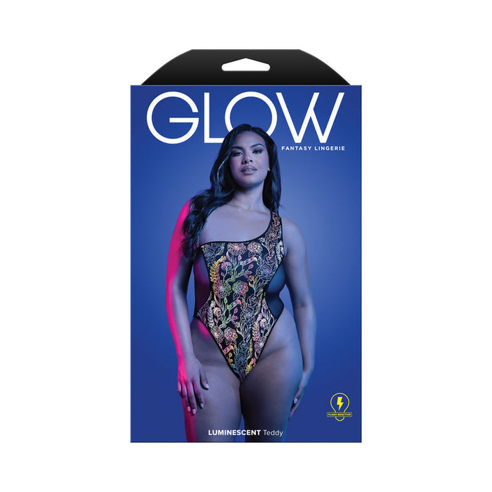 Glow lingerie packaging with a model wearing a colorful teddy on a blue background