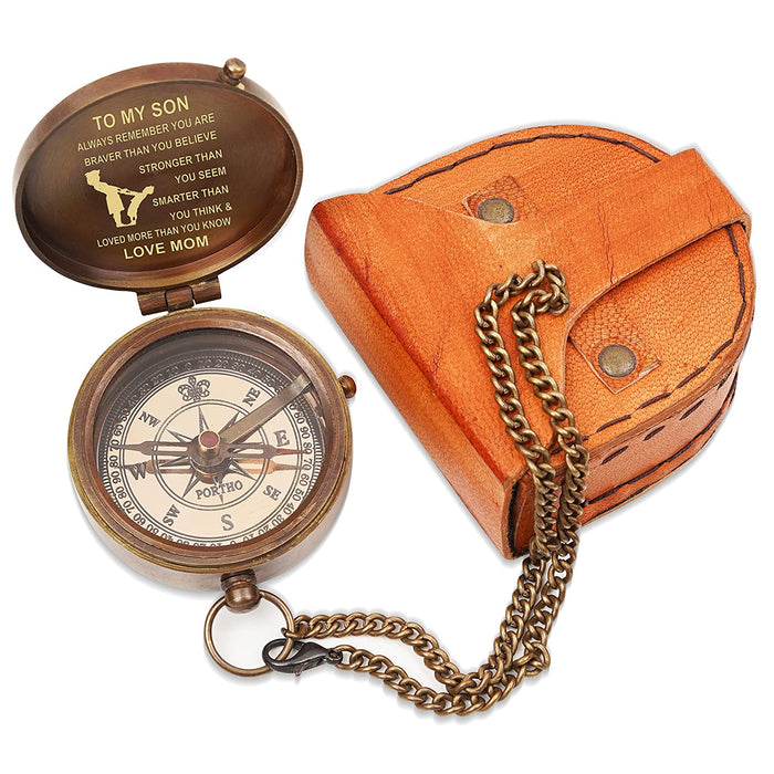 Inspirational gift compass for Son from Mom - Engraved pocket compass with leather pouch, Go confidently compass, Christmas, Graduation, birthday, hiking, camping gift for beloved son