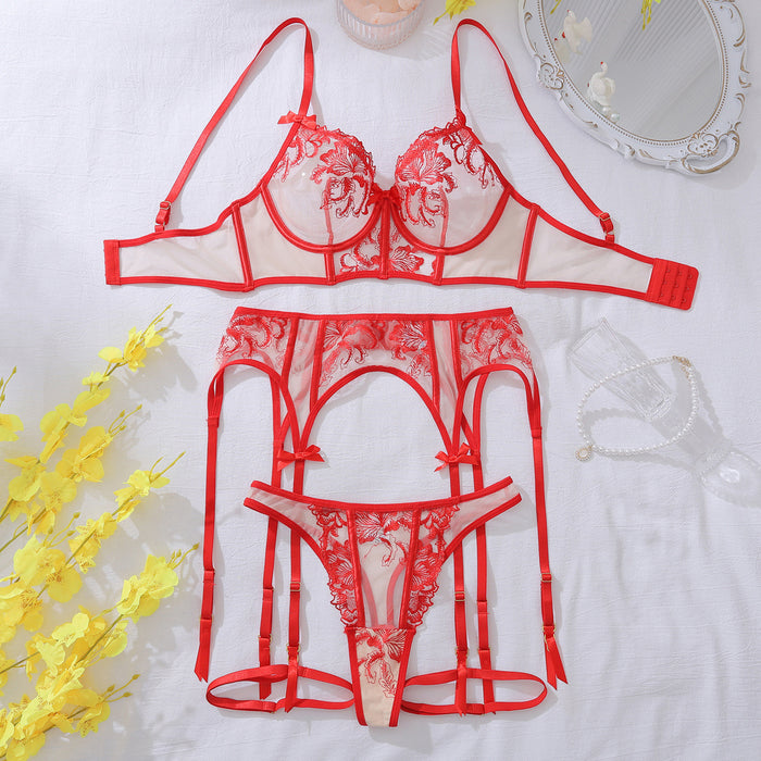 Floral lace perspective hollow shaping lingerie four piece split set