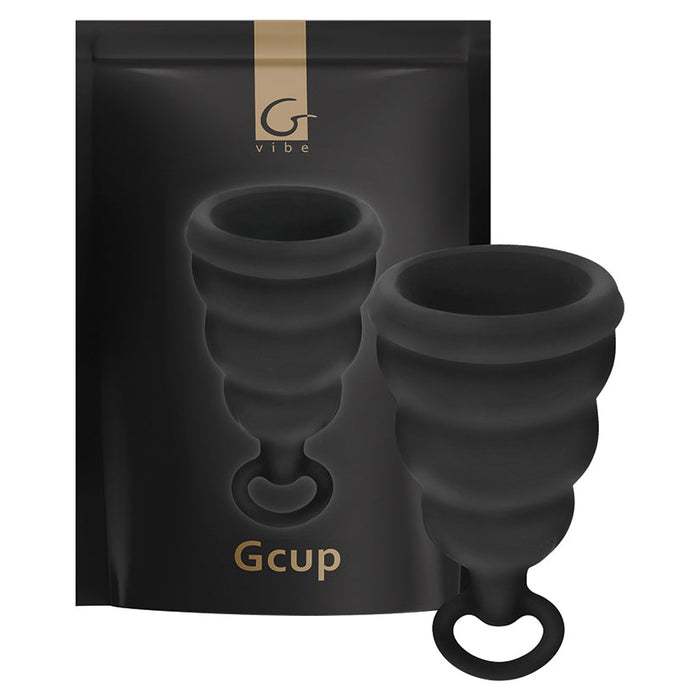 Black silicone cup with packaging labeled 'Gcup' and 'Gvibe' on a white background