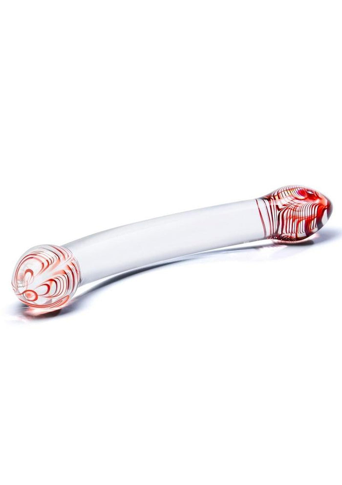 Glass smoking pipe with red and white design on a white background