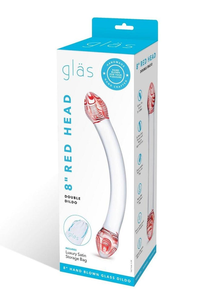 Boxed 8-inch red head double dildo with 'glas' branding on a white background