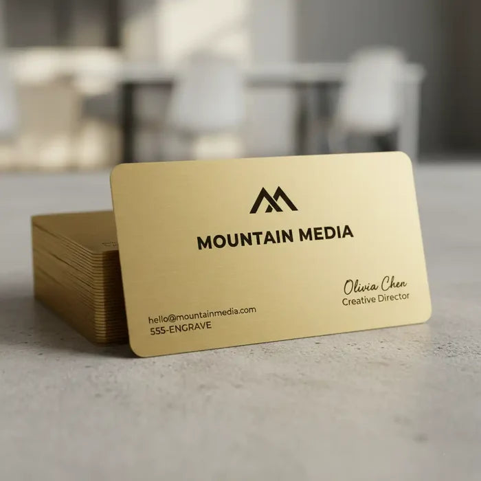 Gold business cards with an engraved brass tag in a small size on a blurred indoor background
