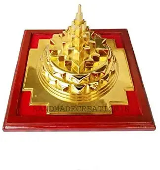 Swarna Chakra Panchdhatu Gold Plated Shree Yantra with Wooden Stand