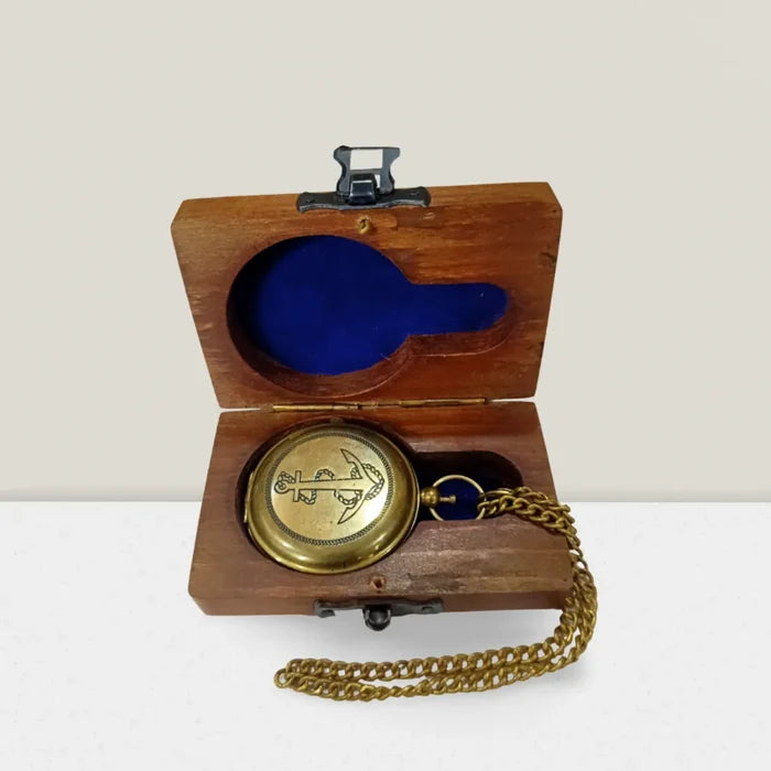 Brass gold pocket watch with wooden box and custom engraving