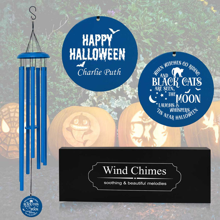 Blue-colored Halloween wind chime with personalized engraving for outdoor décor