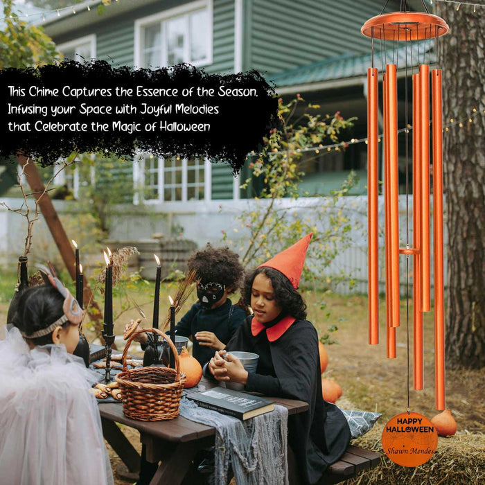 Outdoor Halloween decorations featuring orange personalized wind chime