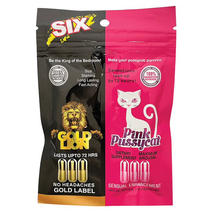Two product packages, one labeled 'Gold Lion' and the other 'Pink Pussycat', on a white background.