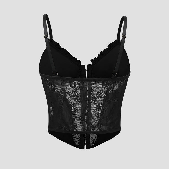 Lace Pleated Ruffled Buttoned Boned Crop Top