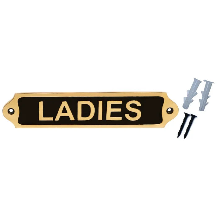 Custom engraved brass ladies restroom door plaque with mounting hardware