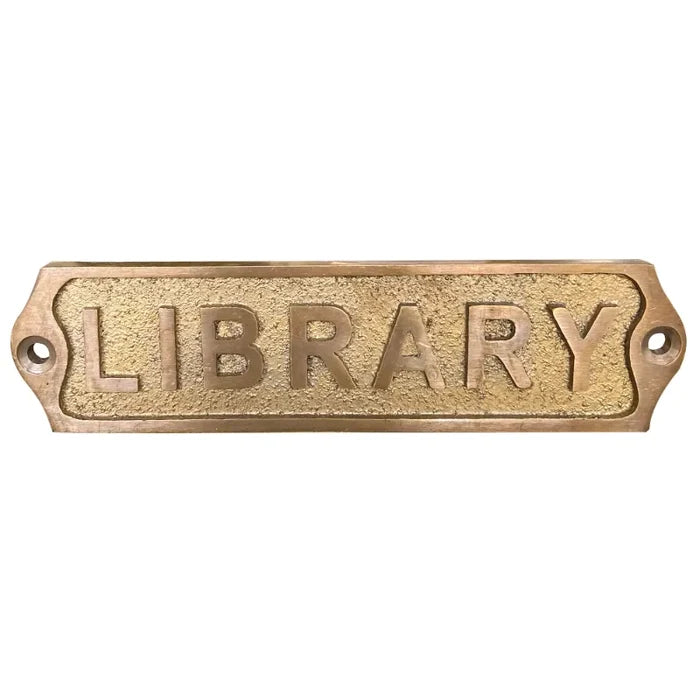 Antique style brass library door sign  with pre-drilled hole