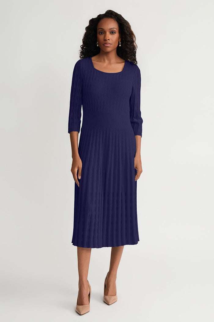 Linear Pointelle Tonal Knit Fit-N-Flare Midi Dress, Indigo, Indigo | Ming Wang