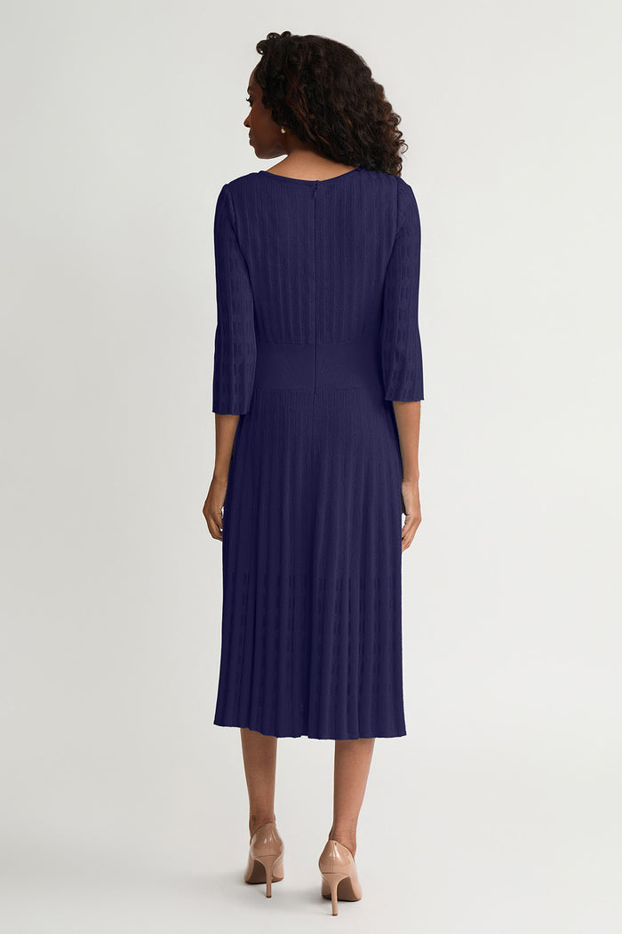 Linear Pointelle Tonal Knit Fit-N-Flare Midi Dress, Indigo, Indigo | Ming Wang