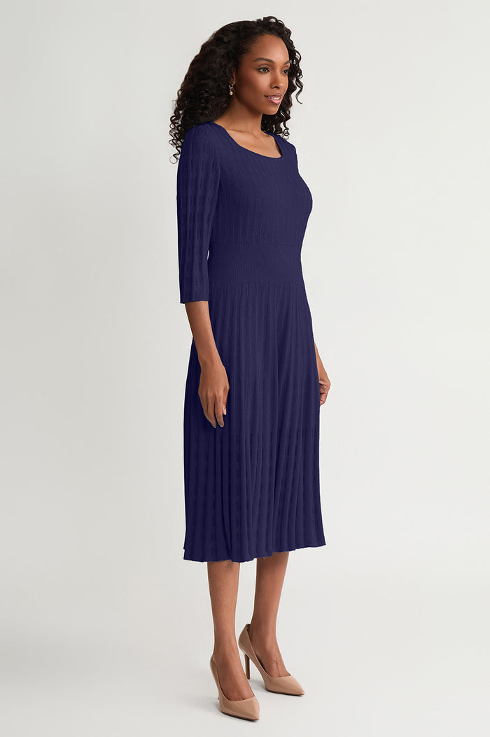 Linear Pointelle Tonal Knit Fit-N-Flare Midi Dress, Indigo, Indigo | Ming Wang