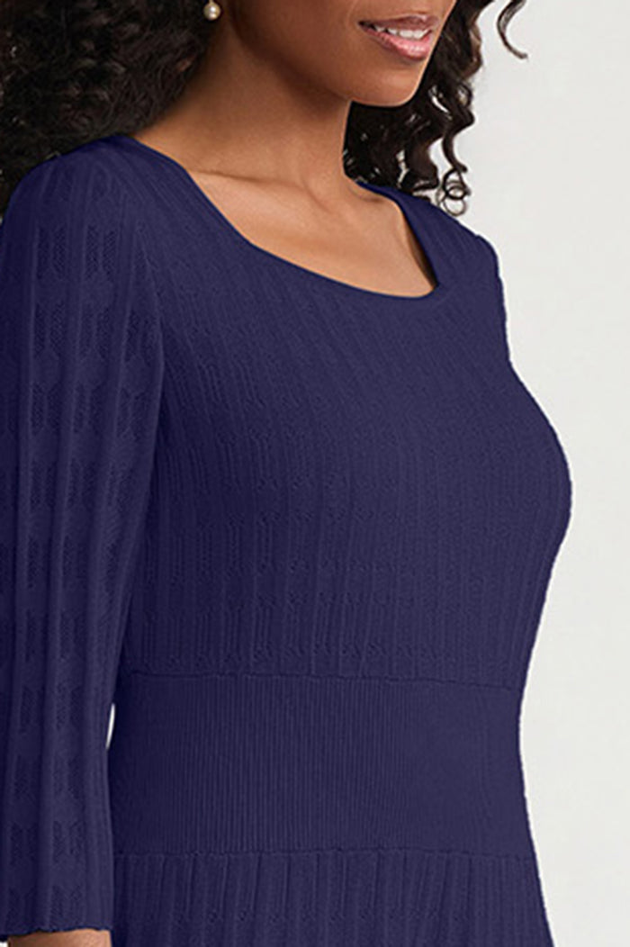 Linear Pointelle Tonal Knit Fit-N-Flare Midi Dress, Indigo, Indigo | Ming Wang