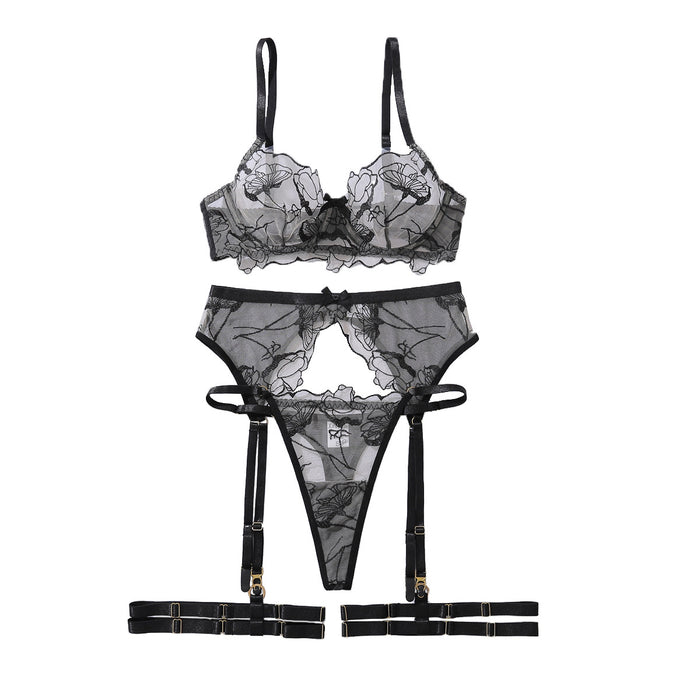 Lotus embroidery perspective shaping thin style lingerie garter belt split set with steel ring