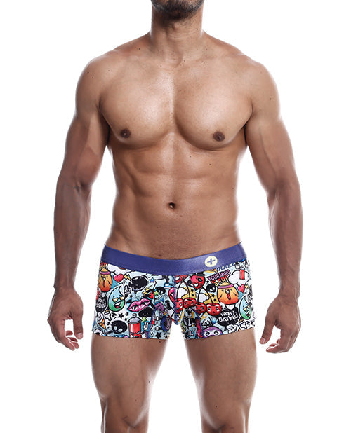 Man wearing colorful cartoon-themed underwear with a white background
