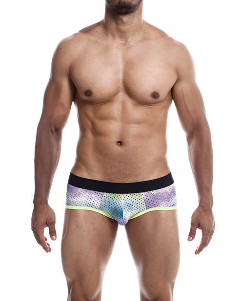 Man wearing colorful men's underwear on a white background