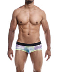 Man wearing colorful men's underwear on a white background