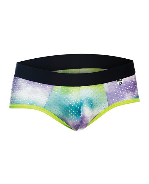 Multicolored underwear with a black waistband on a white background