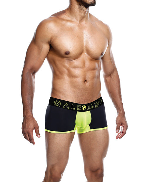 Man wearing black and green underwear with 'Male Basics' brand logo on a white background