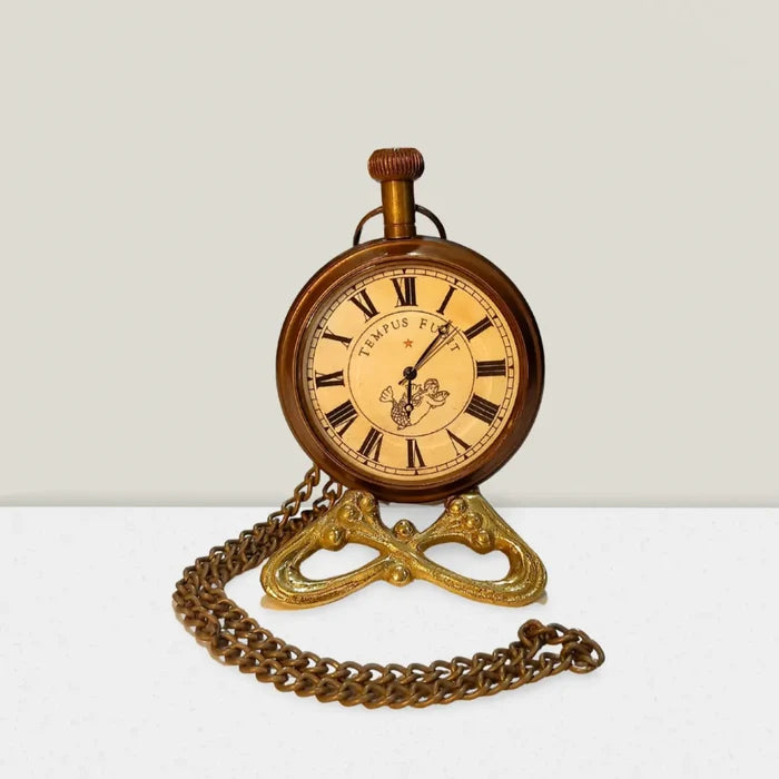 mechanical pocket watch with chain and antique brass finish