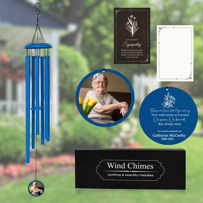 Blue Memorial Photo Wind Chime with Personalized Message