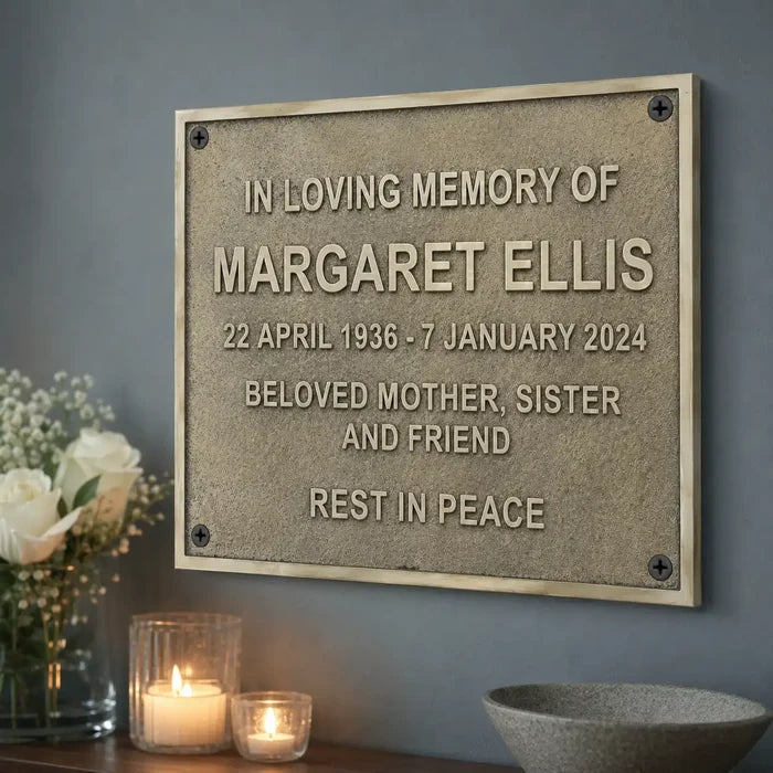 Premium memorial plaque personalized with names, quotes, and dates